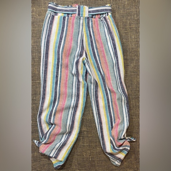 Indigo Rein Pants Small Linen/Rayon Pockets Elastic Waist Belt Striped Cropped - Picture 7 of 7